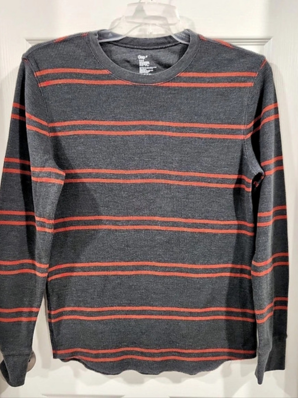 GAP Mens M Waffle Knit Thermal Shirt Gray Orange Striped Long Sleeve Crewneck
